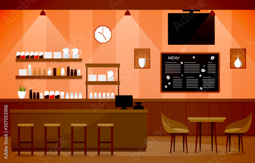 Modern Cafe Coffee Shop Interior Furniture Restaurant Flat Design Illustration