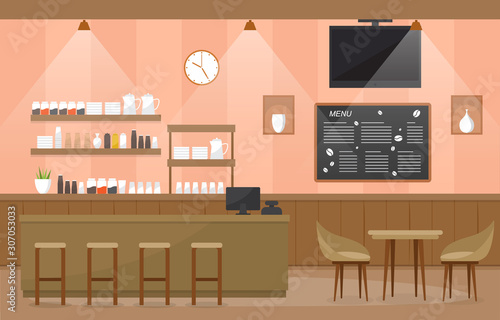Modern Cafe Coffee Shop Interior Furniture Restaurant Flat Design Illustration
