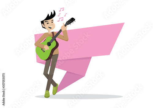 Man playing guitar in banner background.
