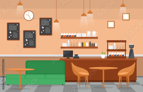 Modern Cafe Coffee Shop Interior Furniture Restaurant Flat Design Illustration