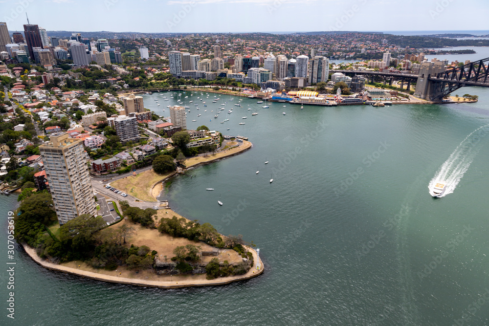 Sydney harbour north view with anchored boats aerial