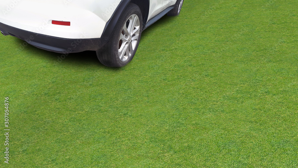 modern car on grass lawn transportation background. 3D top down ground