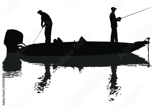 A vector silhouette of two men fishing on a bass boat. Stock