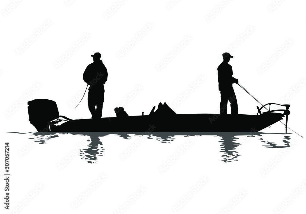 A vector silhouette of two men fishing on a bass boat. Stock Vector