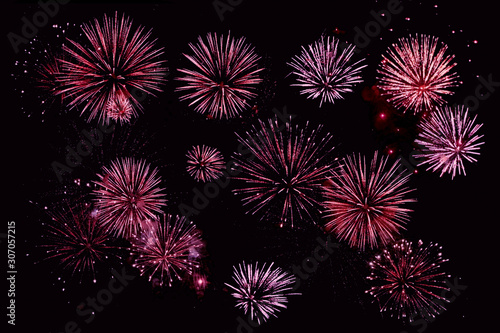Colorful fireworks on black background for Christmas and new year festivals.