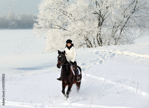 Beauty model girl ride horse in the winter open air