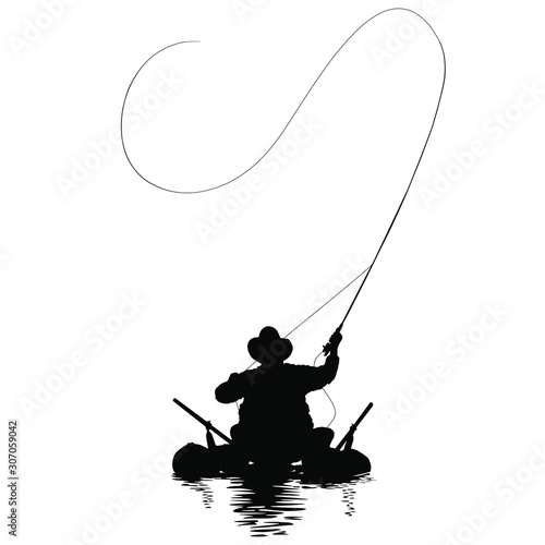 A vector image of a fly fisherman fishing out of a pontoon boat.