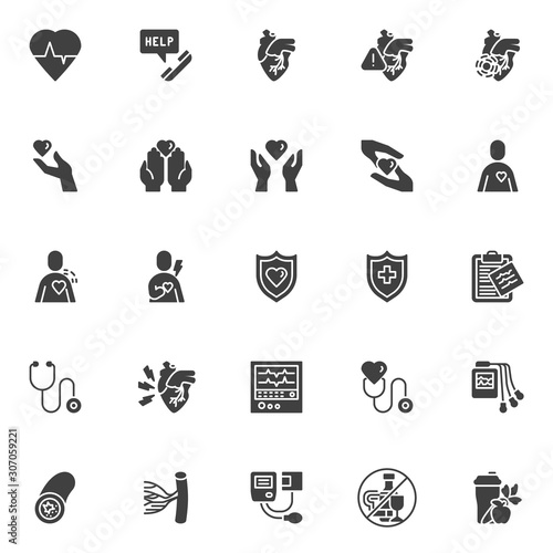 Heart health care vector icons set, modern solid symbol collection, filled style pictogram pack. Signs, logo illustration. Set includes icons as heart attack, heartbeat, ecg machine, pulse cardiogram