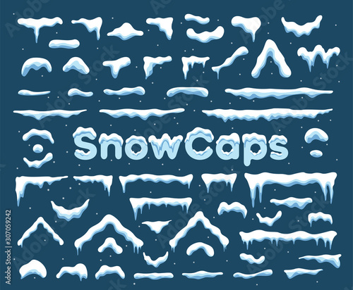Snow cap with icicle ornament graphic. Winter decoration element with snow pile and icicles for flat christmas symbol decor. Cartoon SnowCaps abel with snowy effect for xmas frame decor.