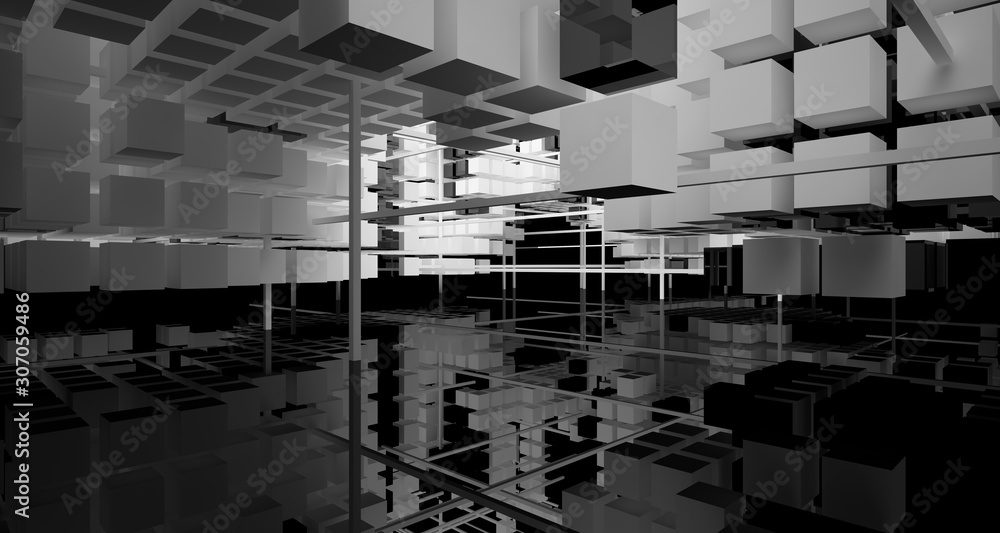 Fototapeta Abstract black interior from array white and green cubes with window. 3D illustration and rendering.