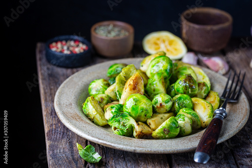 Homemade Roasted Brussel Sprouts with olive oil, salt, lemon and pepper