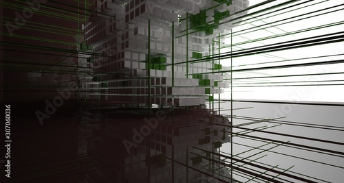 Abstract brown interior from array white and green cubes with window. 3D illustration and rendering.