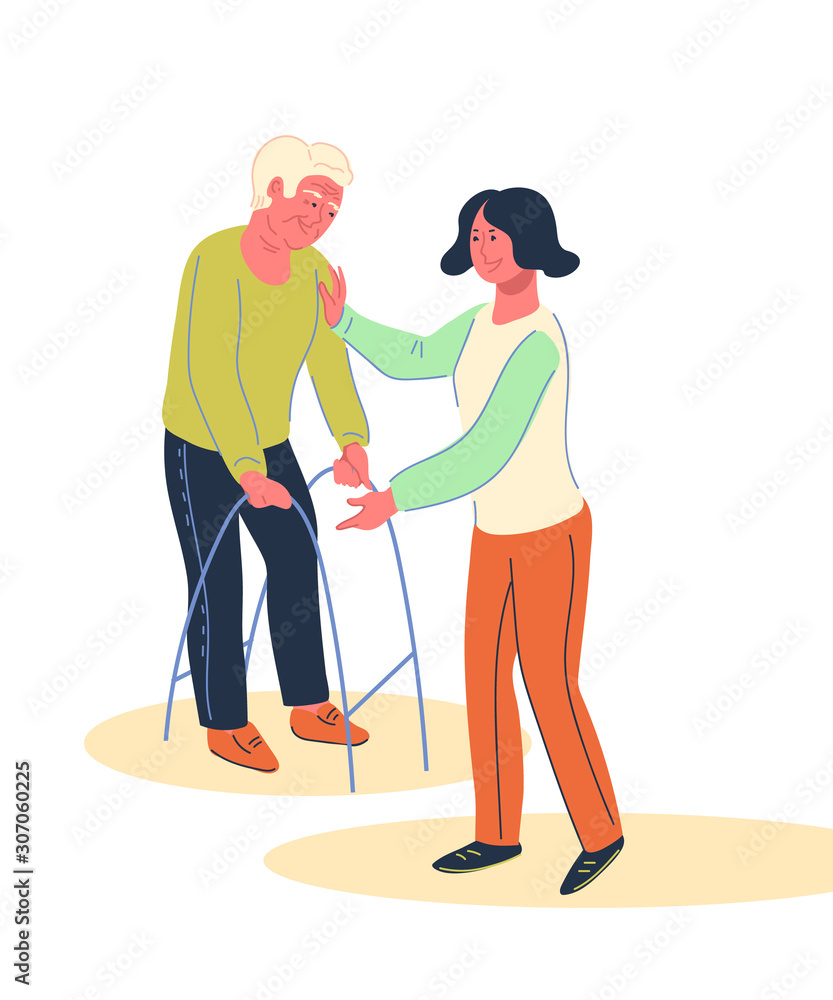 Young volunteer woman caring for elderly disabled man, flat vector illustration isolated on white background. Senior and handicapped people treatment and care, social support and responsibility. Young volunteer woman caring for elderly disabled man, flat vector illustration isolated on white background. Senior and handicapped people treatment and care, social support and responsibility.