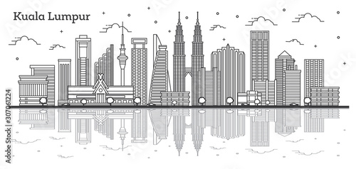 Fototapeta Naklejka Na Ścianę i Meble -  Outline Kuala Lumpur Malaysia City Skyline with Modern Buildings and Reflections Isolated on White.