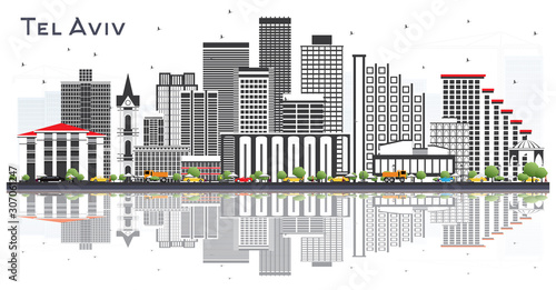 Tel Aviv Israel City Skyline with Gray Buildings and Reflections Isolated on White. 