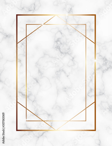 Marble background with gold geometric frame. Luxury template for wedding invitation cards with white marble texture and golden geometric pattern.