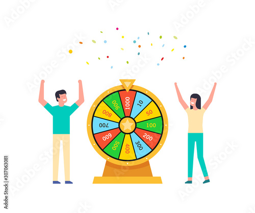 Happy man and woman with Wheel Of Fortune lottery luck. isolated on white background