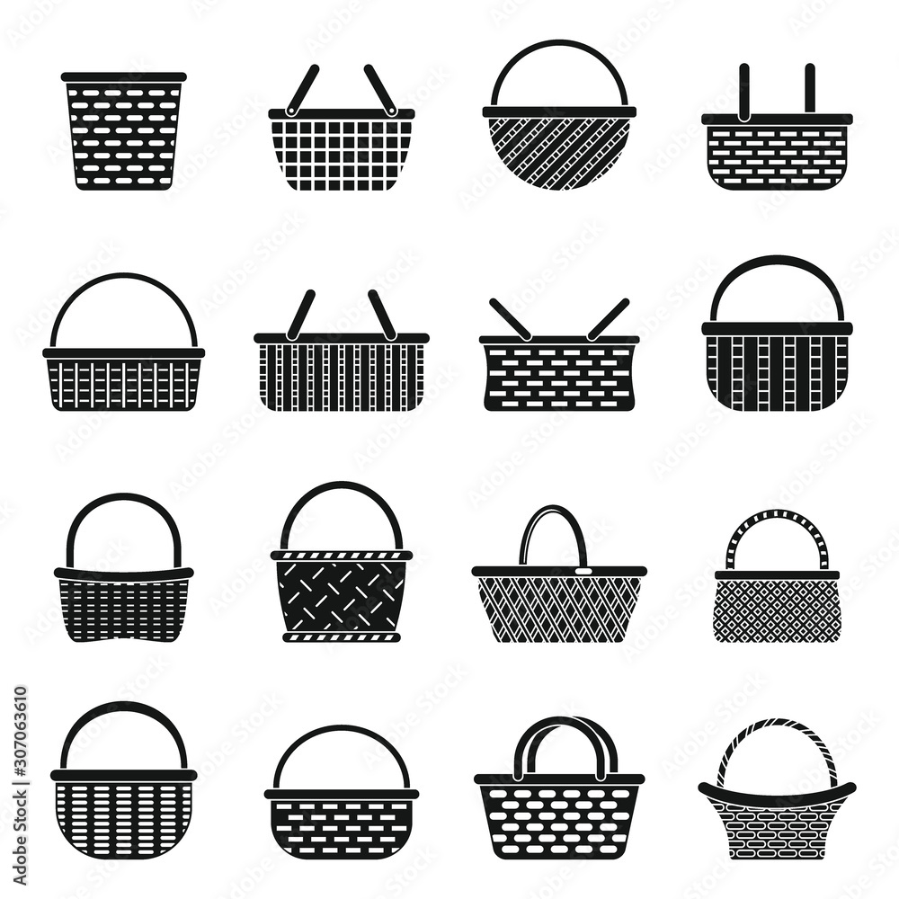Wicker basket icons set. Simple set of wicker basket vector icons for ...