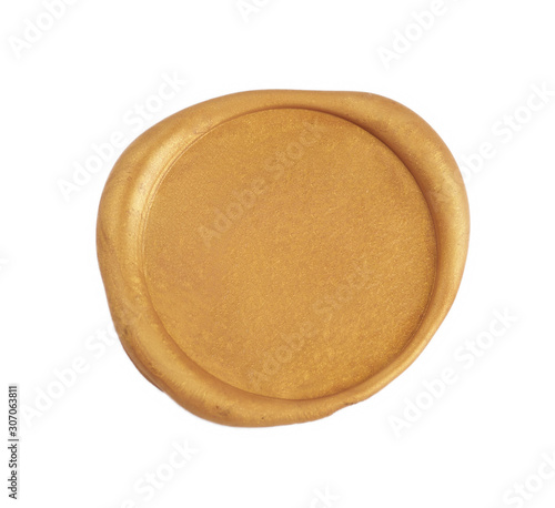 Foto Gold wax seal isolated on white background. Empty stamp overview.