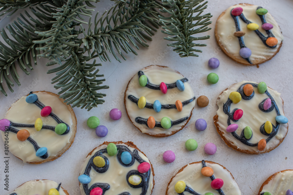 Traditional home made Christmas Lights Cookies on a festive christmas background Traditional home made Christmas Lights Cookies on a festive christmas background