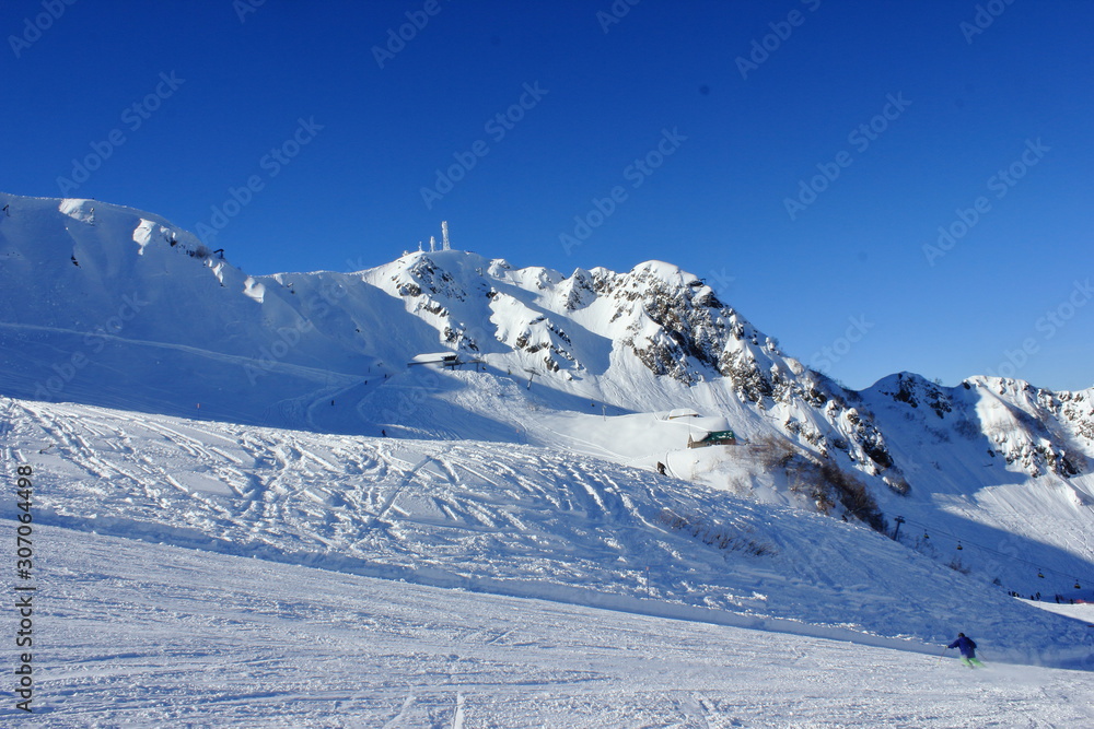 In winter at top of the mountain. Ski slope