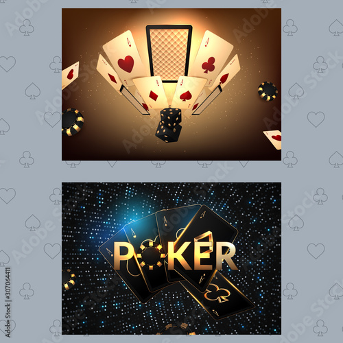 Casino poster or banner background or flyer template. Casino invitation with Playing Cards and Poker Chips. Game design. Playing casino games. Vector illustration