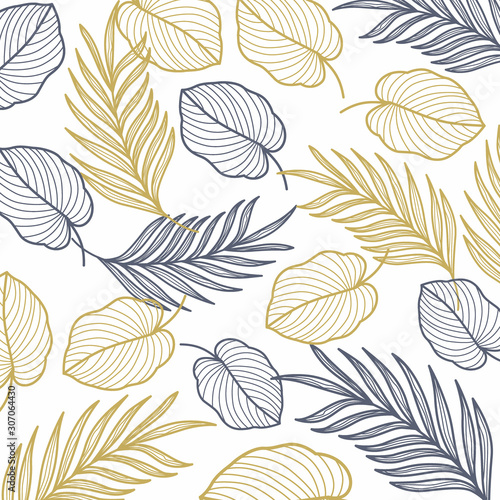 palm leaves gold line seamless pattern vector illustration