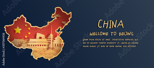 China flag and map with Beijing skyline, world famous landmarks in paper cut style vector illustration