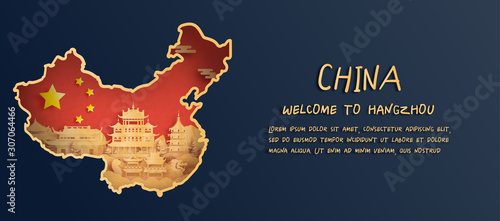 Obraz na plátně China flag and map with Hangzhou skyline, world famous landmarks in paper cut st