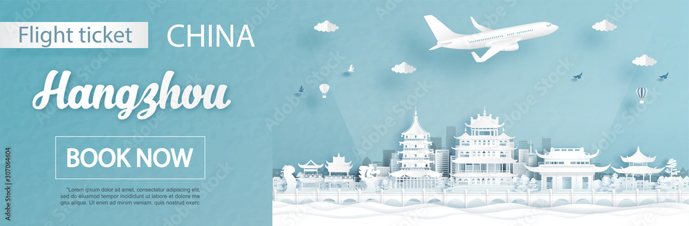 Flight and ticket advertising template with travel concept to Hangzhou, China and famous landmarks in paper cut style vector illustration