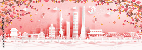 Autumn in Shanghai, China with falling maple leaves and world famous landmarks in paper cut style vector illustration