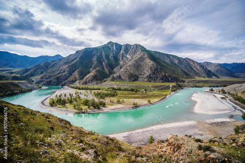 Landscape with the Katun River in the Altai Mountains in autumn photo