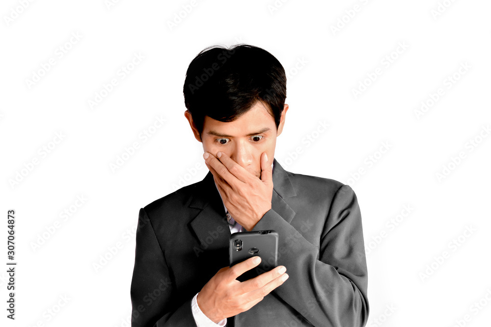 Businessman are watching their smartphones and are shocked isolated on white background Businessman are watching their smartphones and are shocked isolated on white background