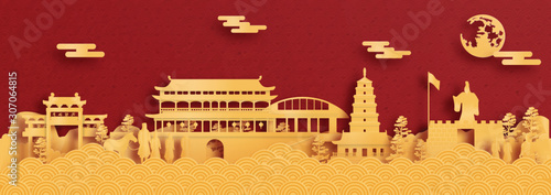 Panorama postcard and travel poster of world famous landmarks of Xian, China in paper cut style vector illustration