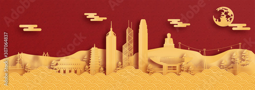 Canvas Print Panorama postcard and travel poster of world famous landmarks of Hong Kong, Chin