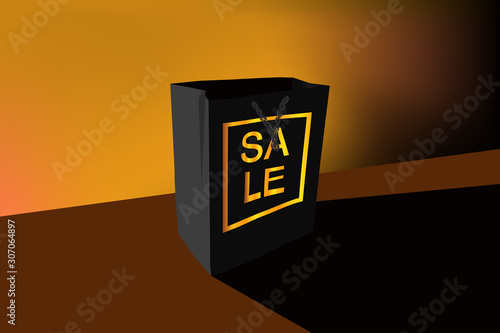 Open Black luxury matte bag with a knitted handle with a golden "sale" inscription on a tan background. Vector stock illustration for banner, flyer with discounts.
