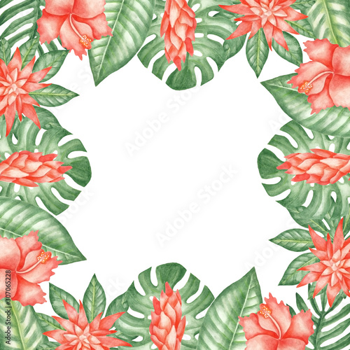 Frame of tropical flowers leaves