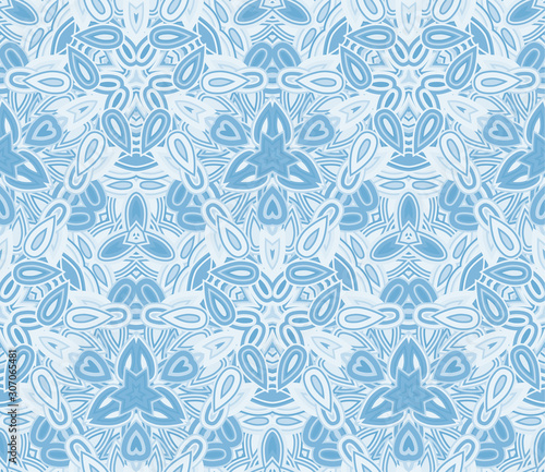 Blue kaleidoscope seamless pattern  background. Composed of abstract shapes. Useful as design element for texture and artistic compositions.