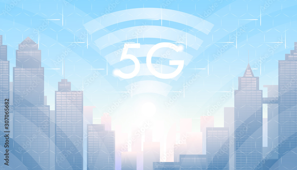 Vector illustration of 5 g infrastructure concept covering modern city with smart digital technologies, high-speed broadband Internet and mobile communication. 5g landscape over city buildings. Vector illustration of 5 g infrastructure concept covering modern city with smart digital technologies, high-speed broadband Internet and mobile communication. 5g landscape over city buildings.