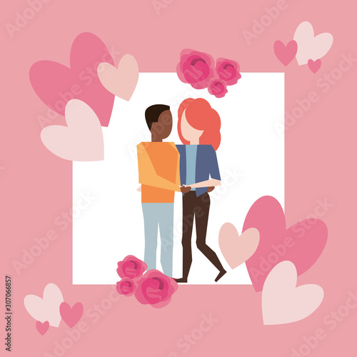 cute interracial lovers couple with hearts
