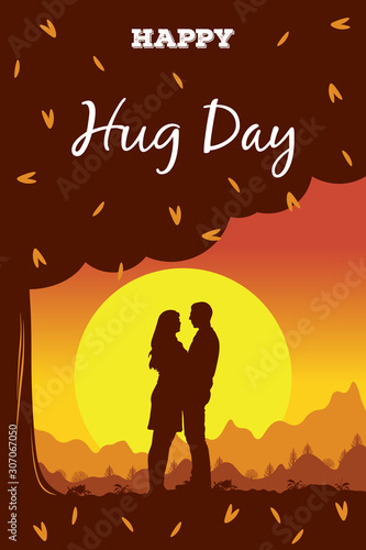 Hug Day cards with the silhouette of a couple on background sunset landscape with a mountains and a sun. Man and woman stand in an embrace under a tree. Flat vector concept with copy space for flyer. © Василий Солдатов