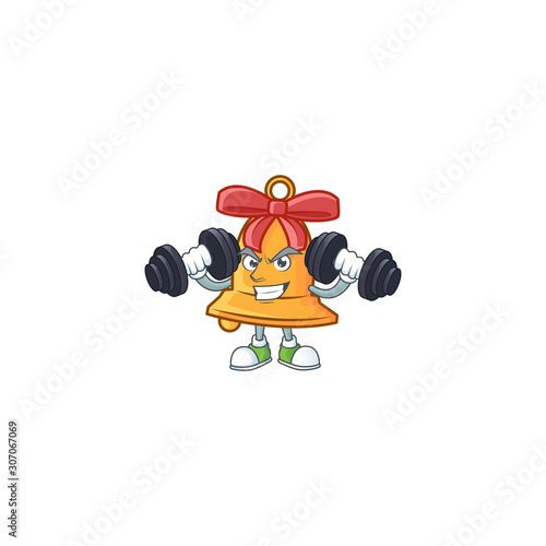 Fitness exercise christmas bell cartoon character holding barbells