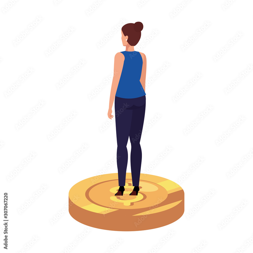 back business woman elegant over coin isolated icon vector illustration design