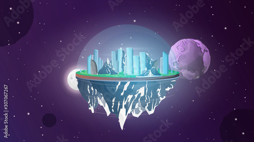 An asteroid in space. Civilization on an asteroid. Life on a piece of the planet. Future. colonization of space.