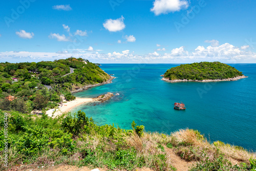 Aireal view of Laem Phromthep Cape and Ya Nui Beach with Turquiose Ocean in Summer, Phuket Japan