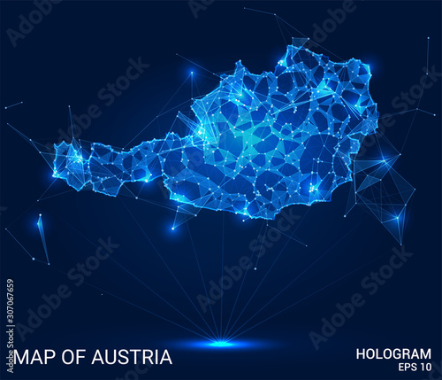 Hologram Of Austria. Map of Austria from polygons, triangles points and lines. Map of Austria low-poly composite structure. Technological concept.