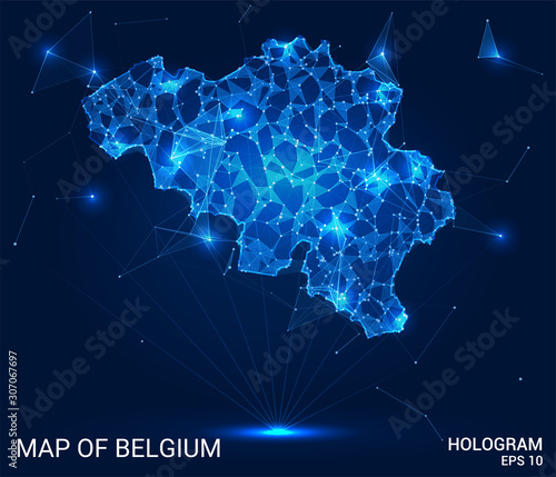 Hologram Of Belgium. Map of Belgium of polygons, triangles of points and lines. Map of Belgium low poly composite structure. Technological concept.