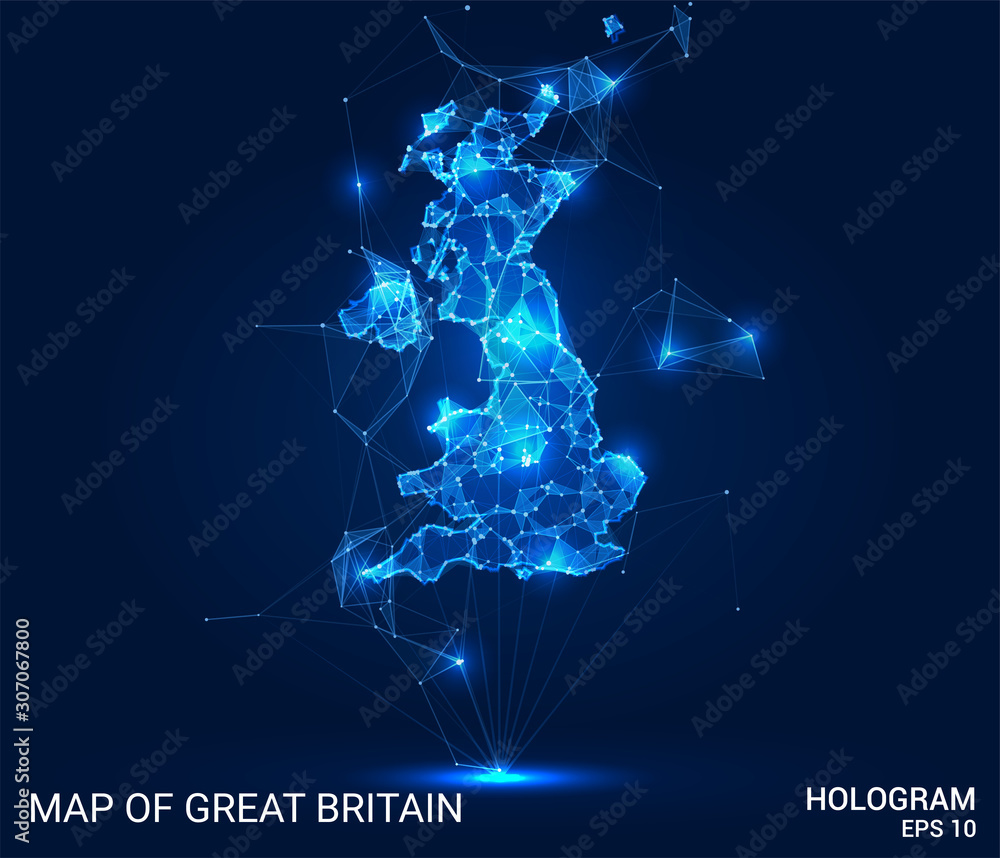 Hologram Of Great Britain. Map of great Britain of polygons, triangles of points and lines. Map of great Britain low poly composite structure. Technological concept. Hologram Of Great Britain. Map of great Britain of polygons, triangles of points and lines. Map of great Britain low poly composite structure. Technological concept.