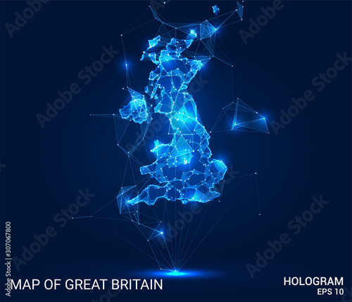 Hologram Of Great Britain. Map of great Britain of polygons, triangles of points and lines. Map of great Britain low poly composite structure. Technological concept.