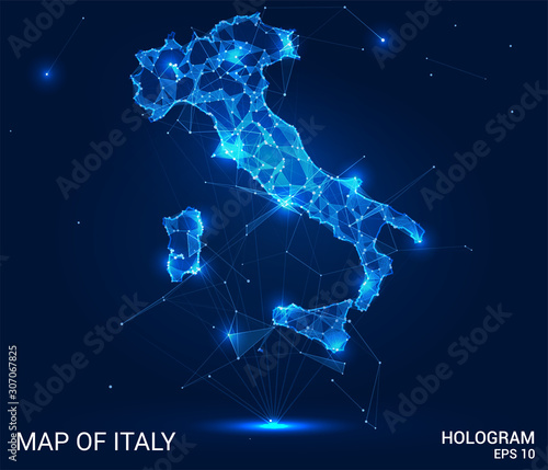 Hologram Of Italy. Map of Italy of polygons, triangles of points and lines. Map of Italy low poly composite structure. Technological concept.